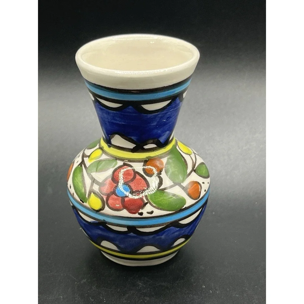 Armenian Small Pottery‎ Bud Vase Blue, Red, Green,Yellow Flowers Leaves 3.75